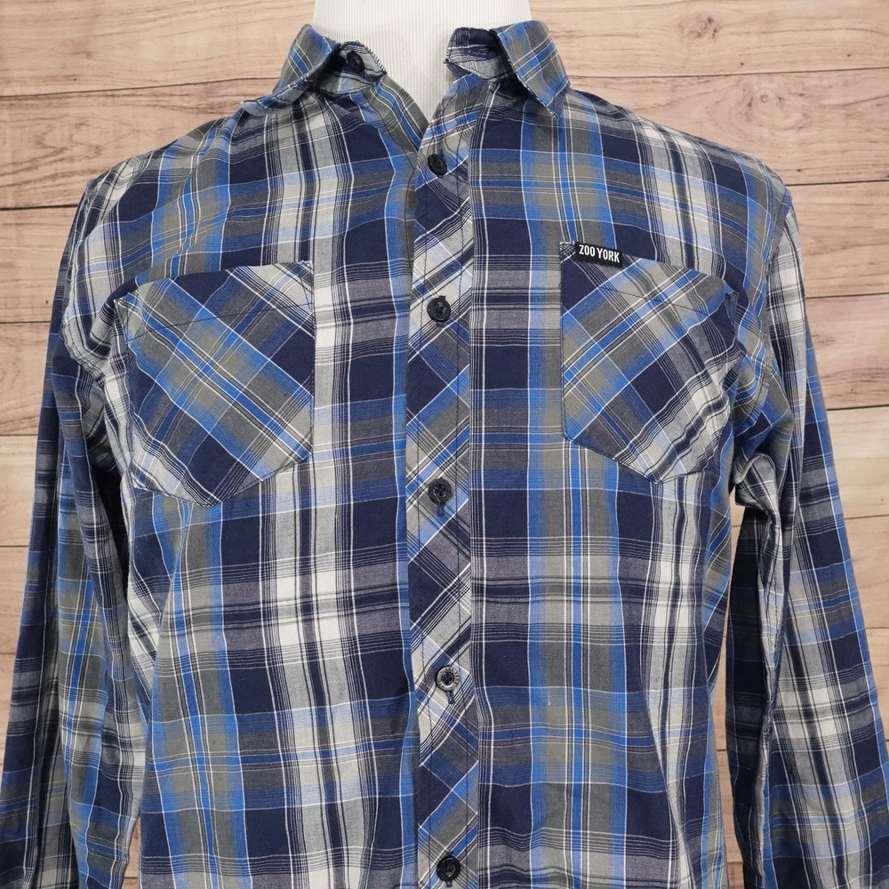 Zoo York Shirt Mens L Blue Plaid Long Sleeve Button-Up Casual Pockets Woven